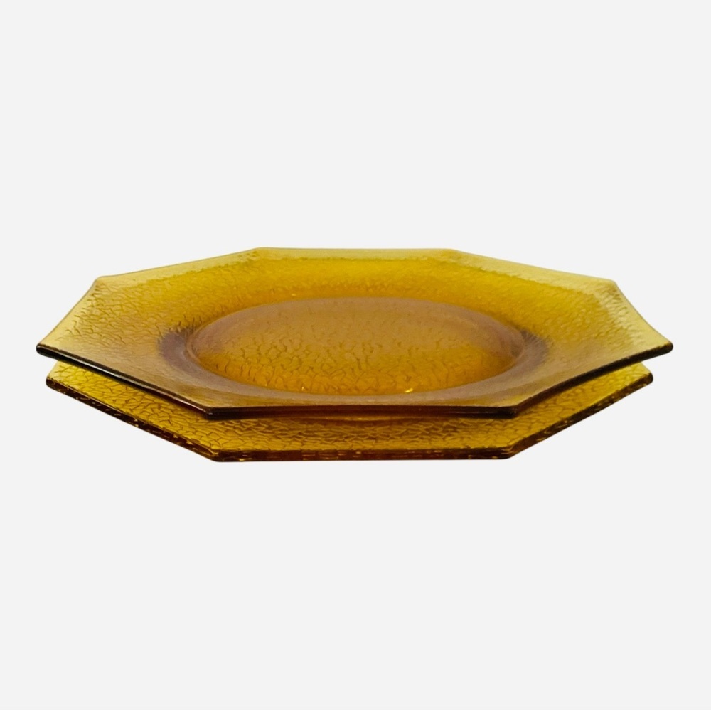 Vintage L.E. Smith Depression Glass Amber Crackled Octagon Lunch Plates Set Of 2